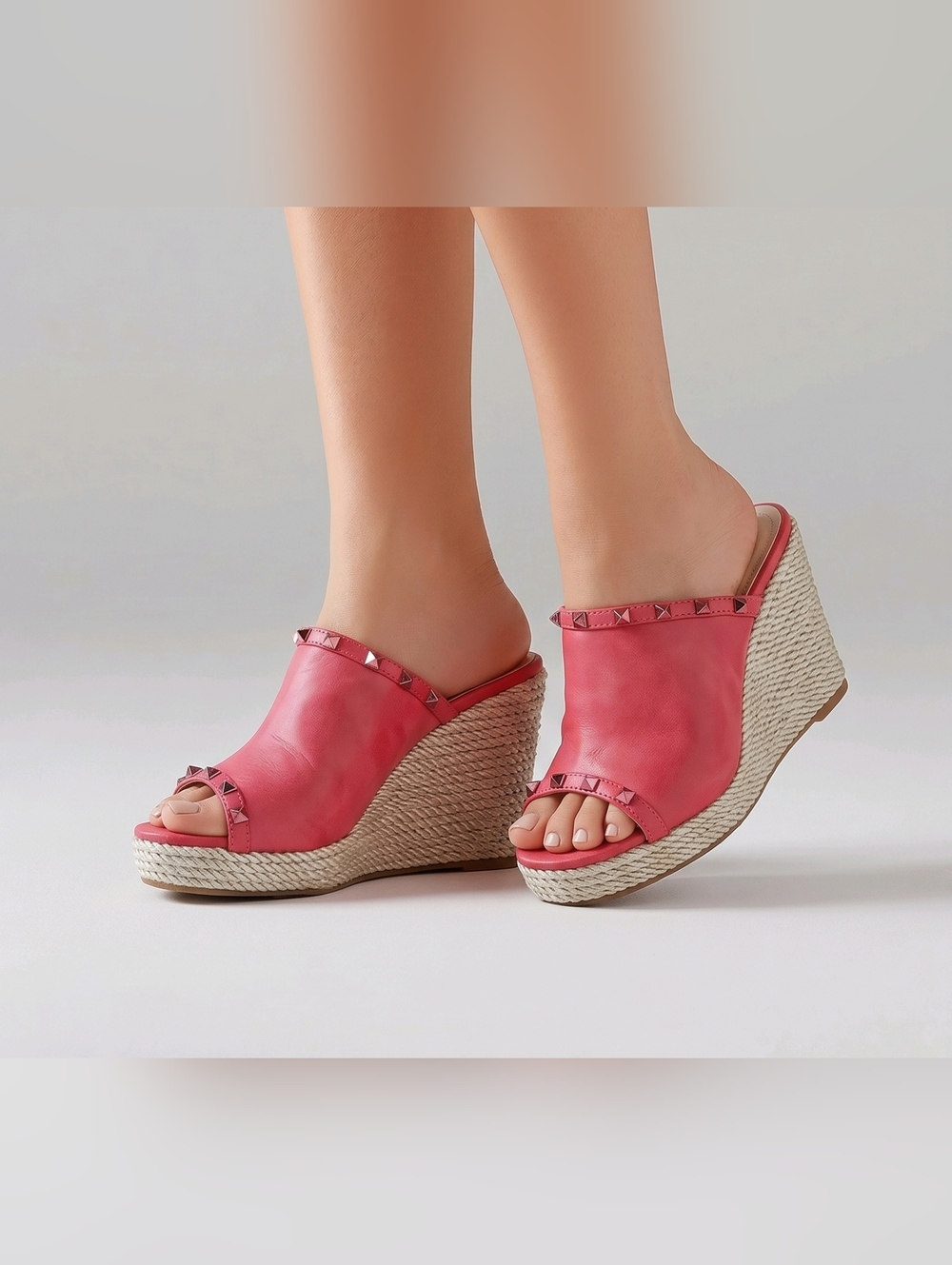 NATURE BREEZE | Size 8 | Melon Red | Studded Espadrille Platform Wedges